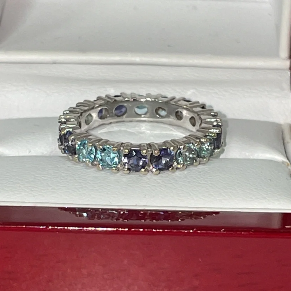 Solid 18K White Gold Eternity Band Ring (not 14K) Purple Blue Natural Gemstones